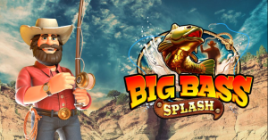 Um pescador concentrado, segurando um peixe grande em Big Bass Splash, destacando a temática de pesca do slot.