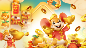 Ilustração do Fortune Mouse com o rato da sorte em um cenário festivo chinês.